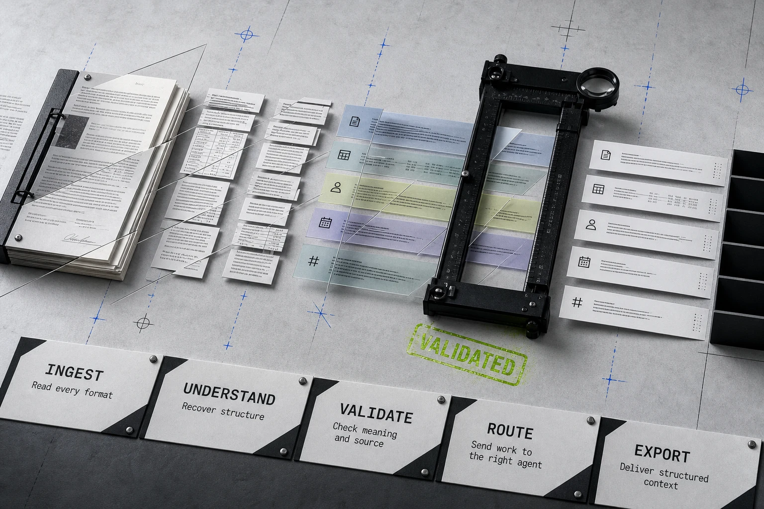 Exploded document layers moving through ingest, structural understanding, validation, routing, and export.