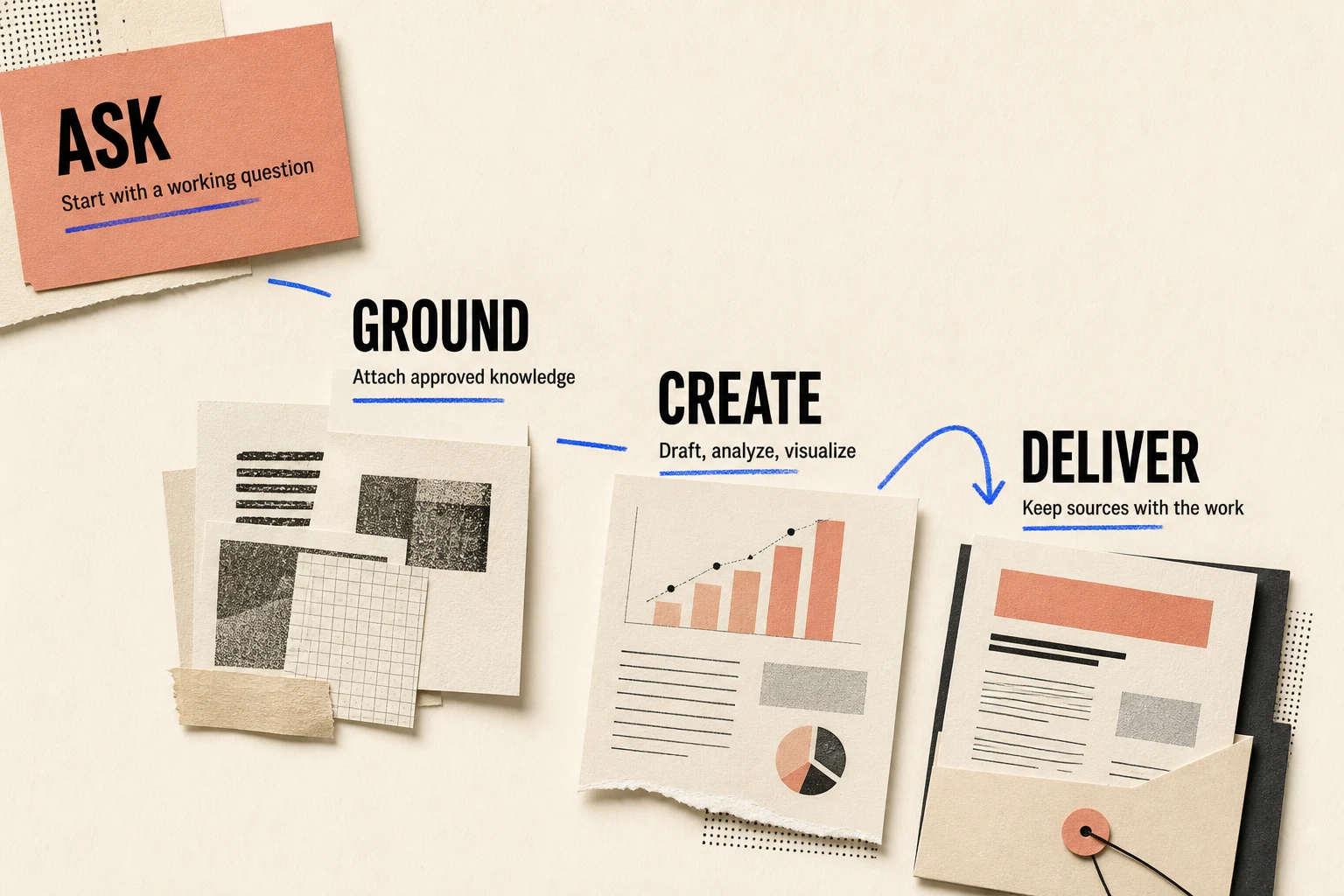 Editorial collage showing a working question grounded in approved knowledge, developed into analysis, and delivered with sources.